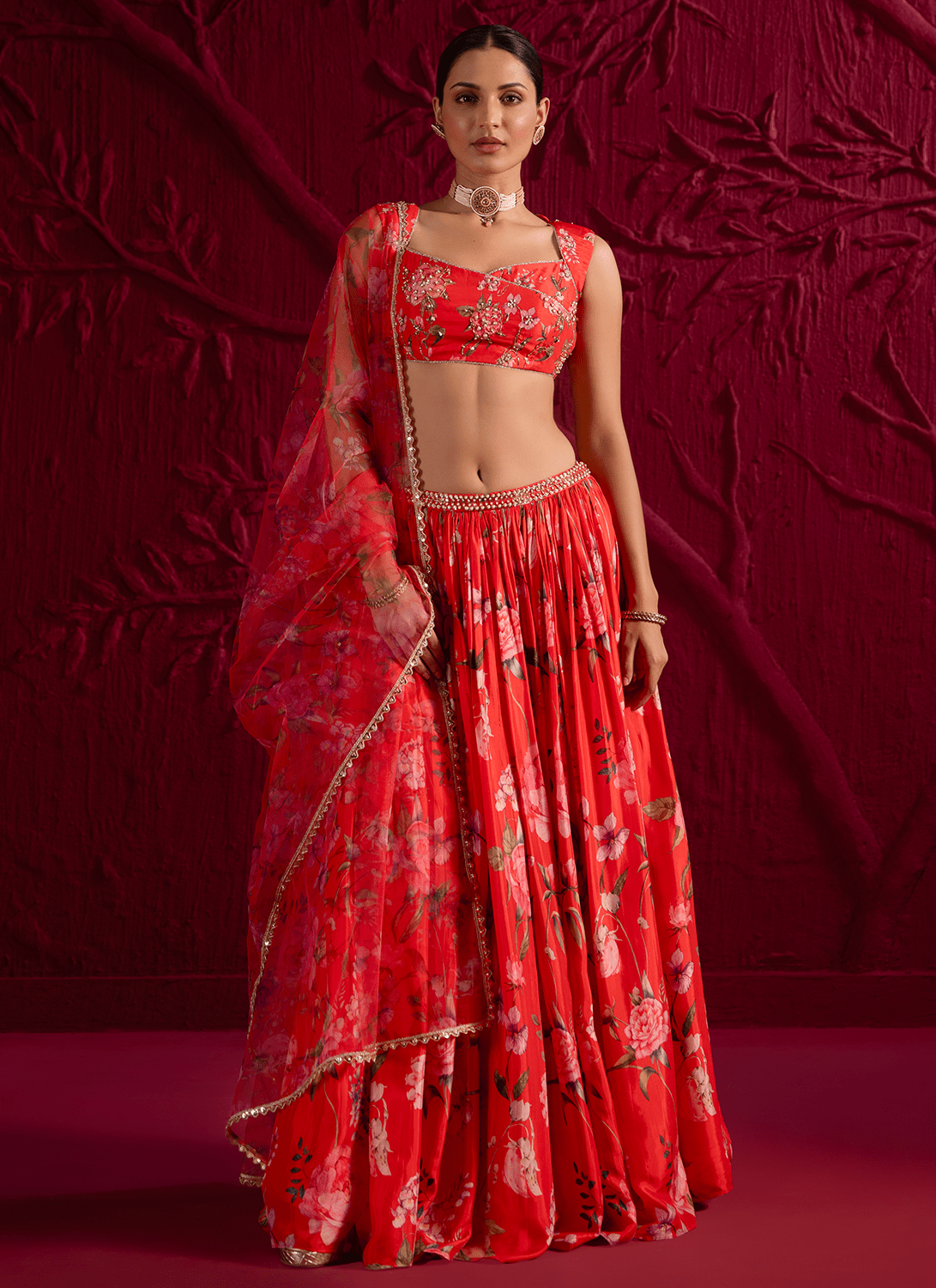 Red Floral Embroidered Viscose Satin Georgette Lehenga - Lashkaraa