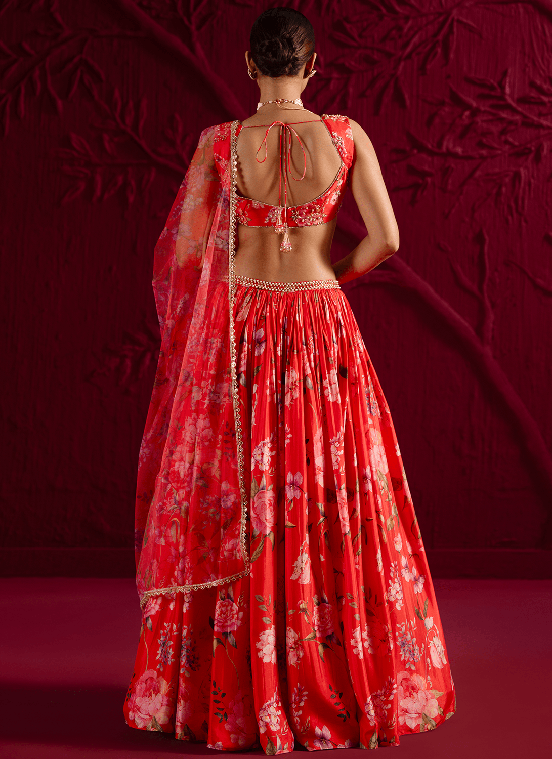 Red Floral Embroidered Viscose Satin Georgette Lehenga - Lashkaraa