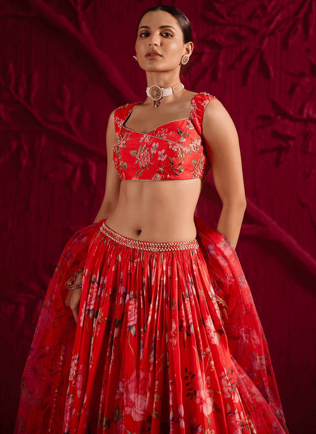 Red Floral Embroidered Viscose Satin Georgette Lehenga - Lashkaraa