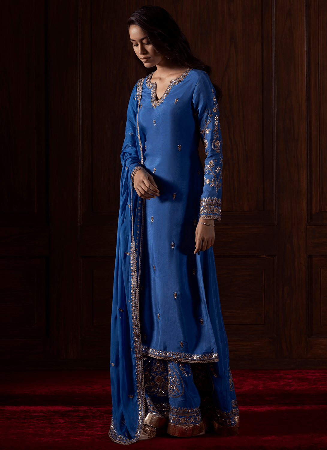Royal Blue Embroidered Silk Sharara - Lashkaraa