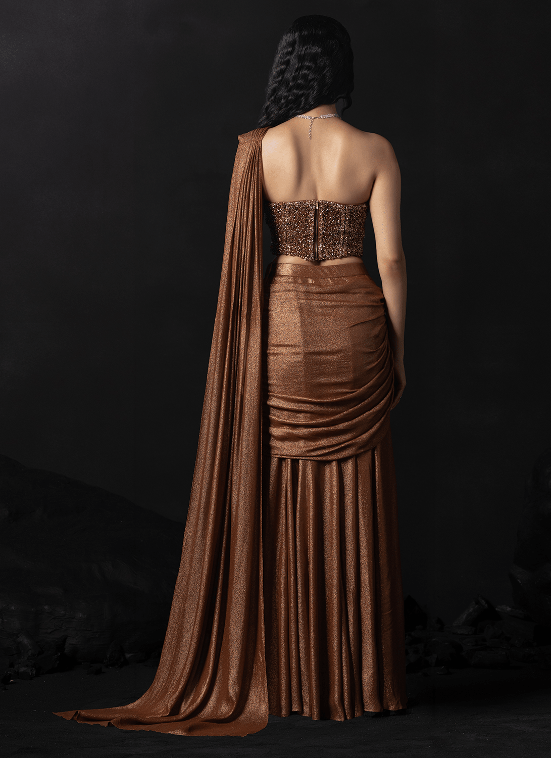 Rust Brown Embroidered Georgette Saree - Lashkaraa