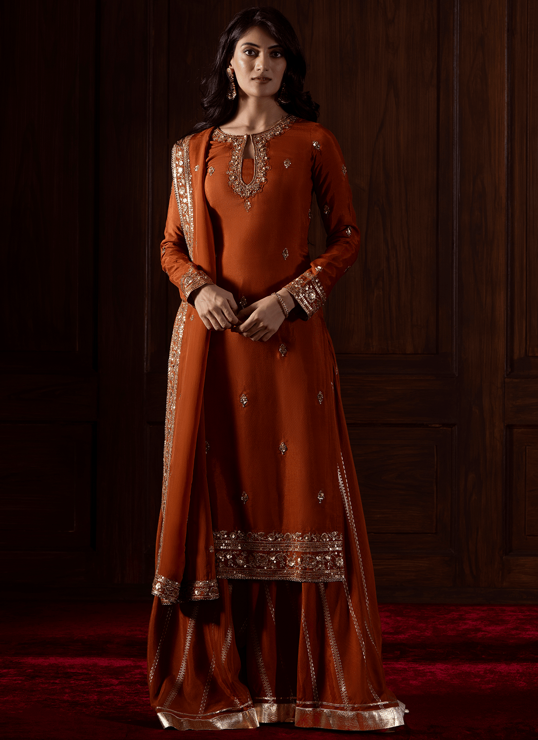 Rust Embroidered Organza Sharara - Lashkaraa