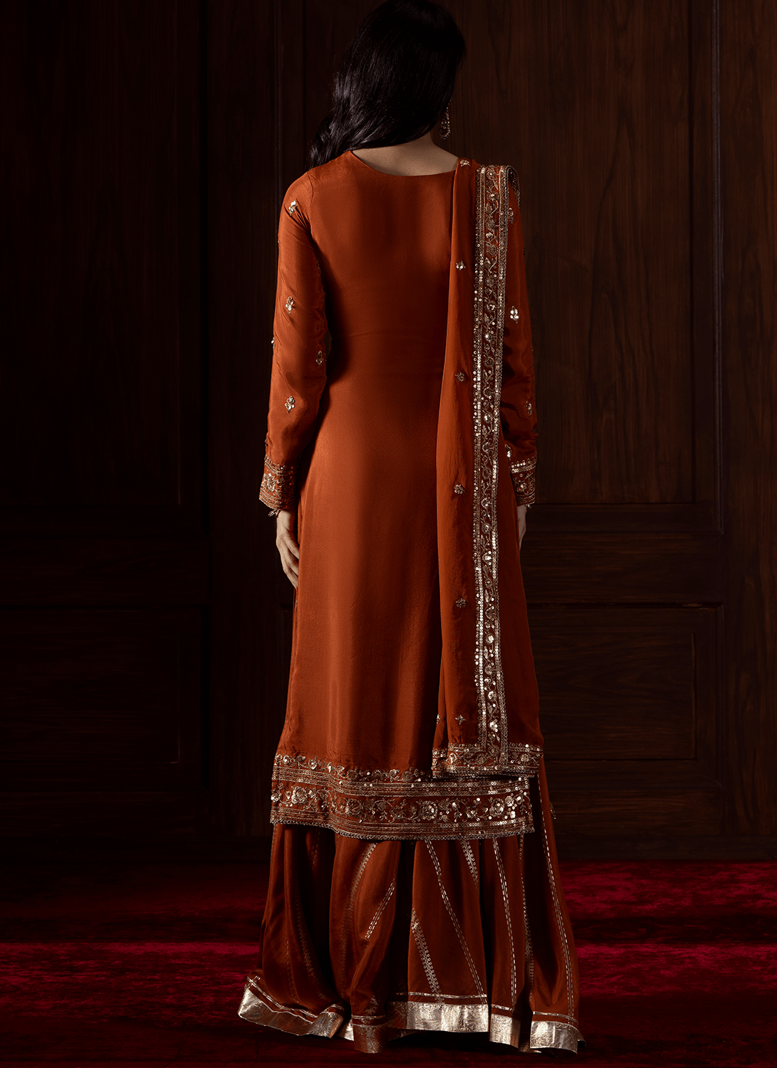 Rust Embroidered Organza Sharara - Lashkaraa