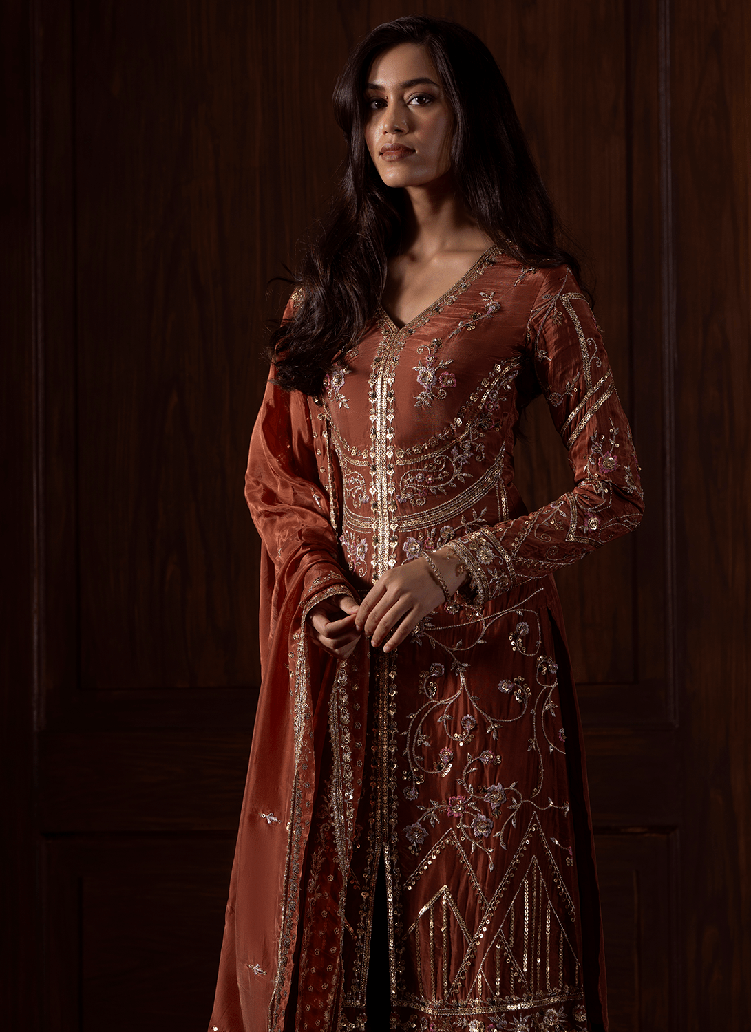 Rust Embroidered Silk Palazzo Suit - Lashkaraa