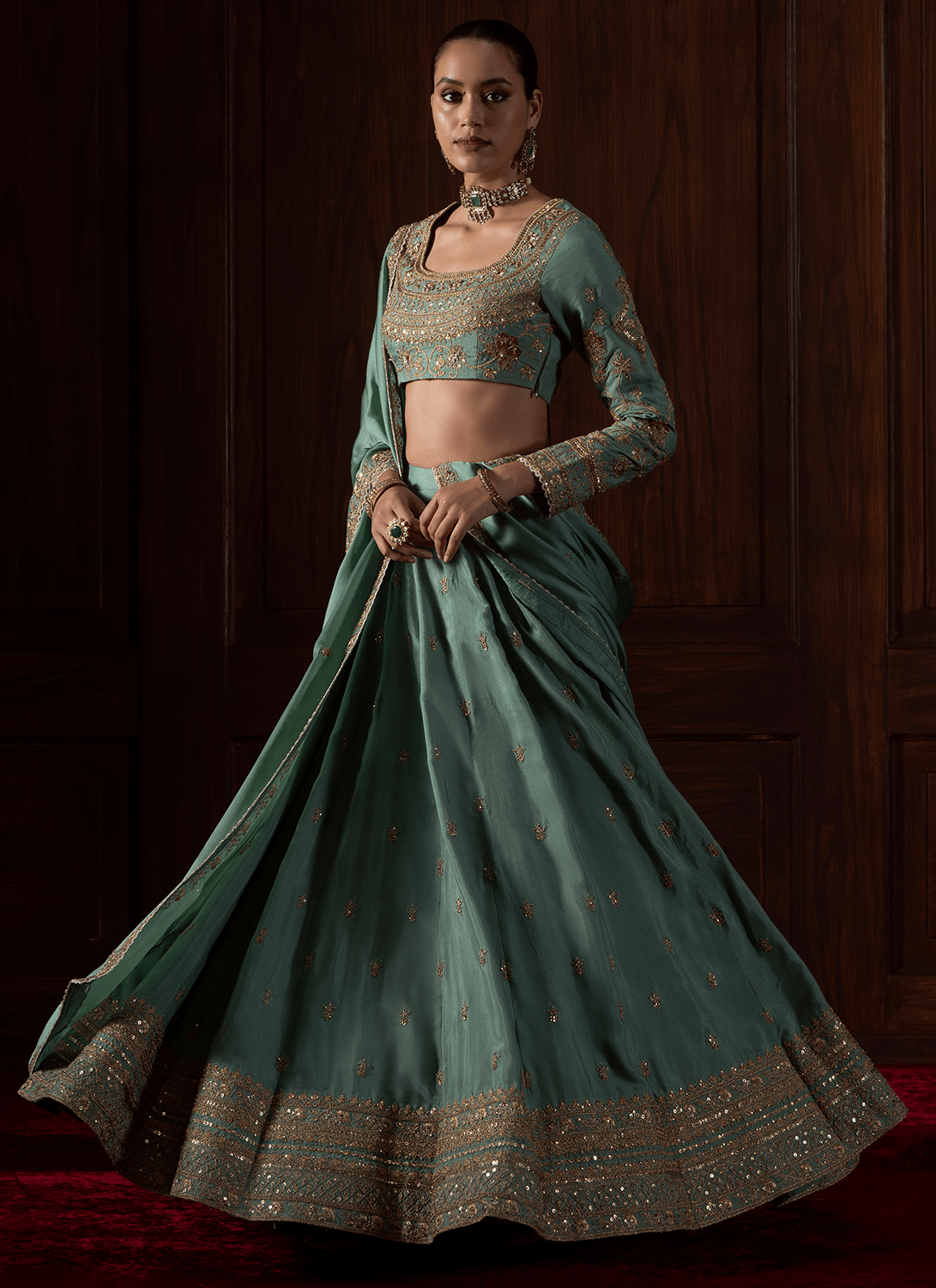 Sea Green Embroidered Organza Lehenga - Lashkaraa