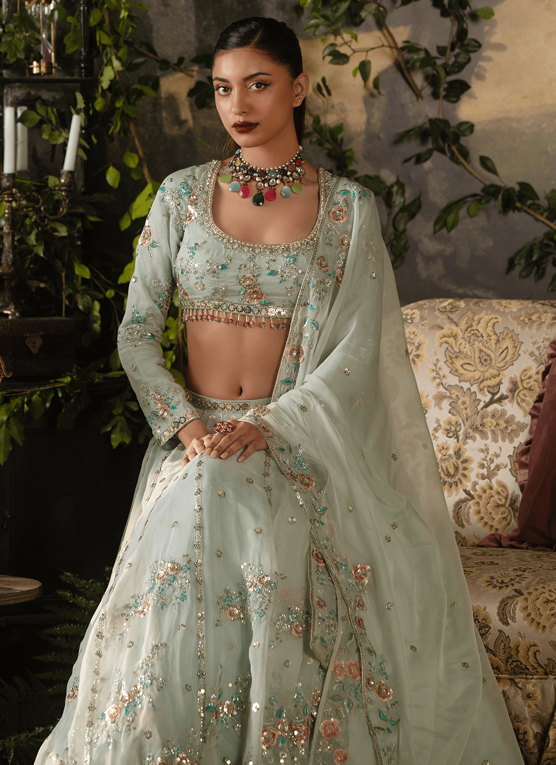 Sky Blue Embroidered Silk Lehenga - Lashkaraa