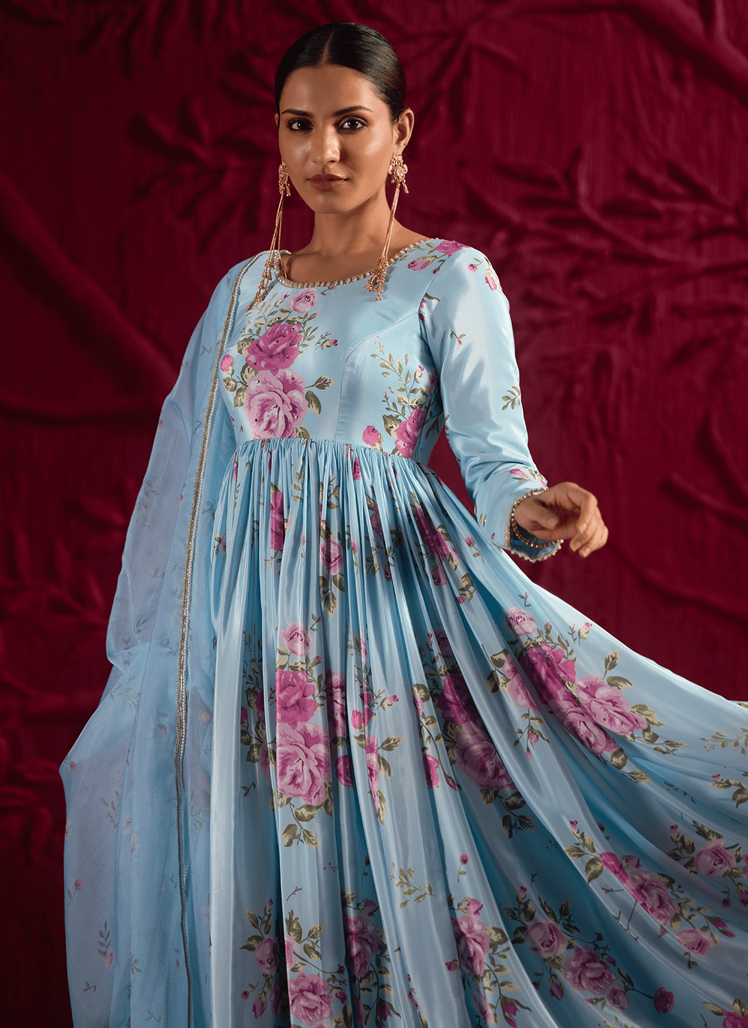 Sky Blue Floral Embroidered Crepe Anarkali - Lashkaraa