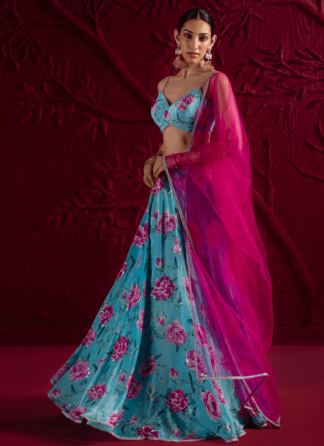 Sky Blue Floral Embroidered Crepe Silk Lehenga - Lashkaraa