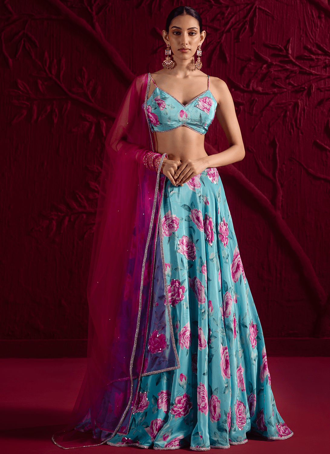 Sky Blue Floral Embroidered Crepe Silk Lehenga - Lashkaraa
