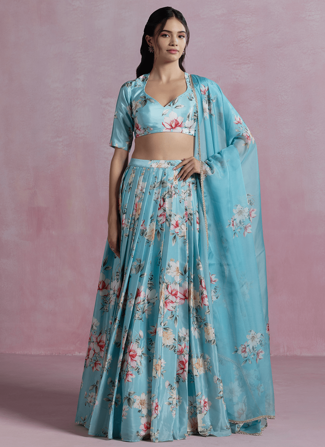 Sky Blue Floral Printed Crepe Silk Lehenga - Lashkaraa