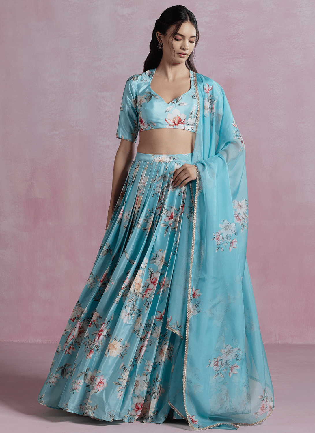 Sky Blue Floral Printed Crepe Silk Lehenga - Lashkaraa