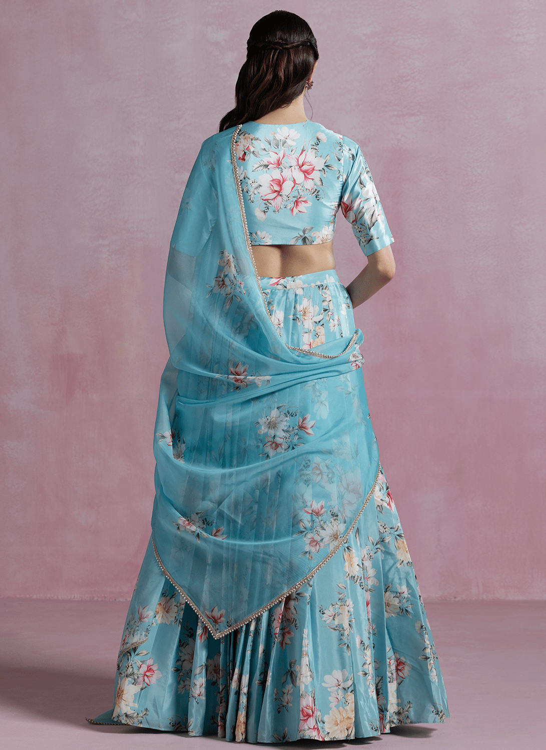 Sky Blue Floral Printed Crepe Silk Lehenga - Lashkaraa