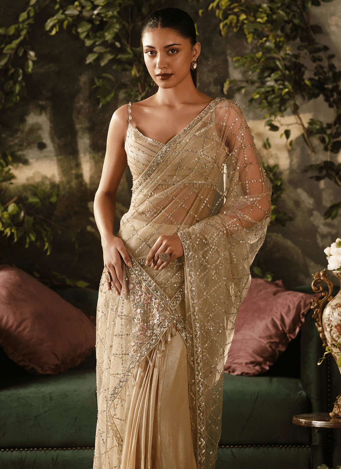 Soft Gold Embroidered Viscose Georgette Saree - Lashkaraa