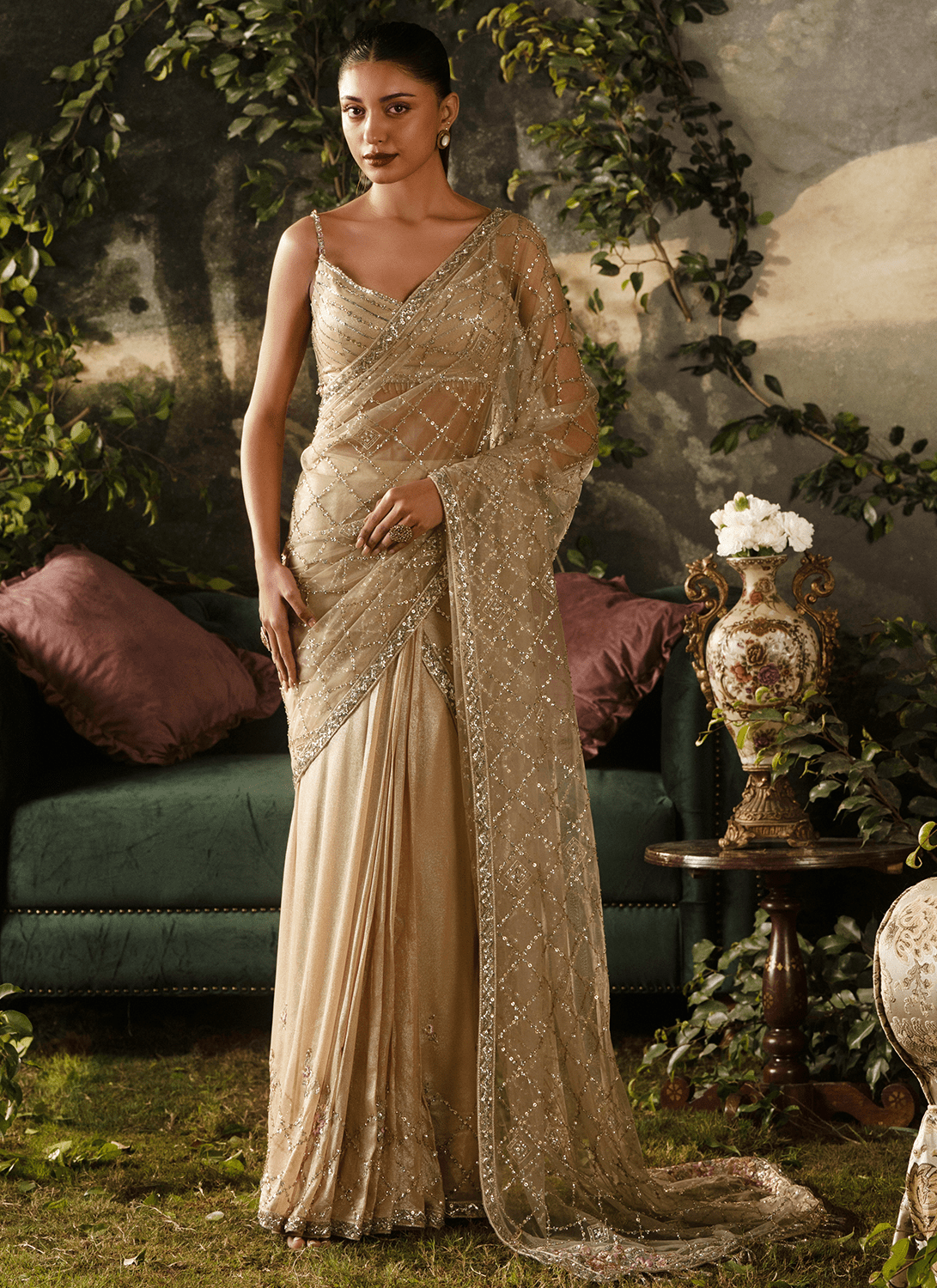 Soft Gold Embroidered Viscose Georgette Saree - Lashkaraa