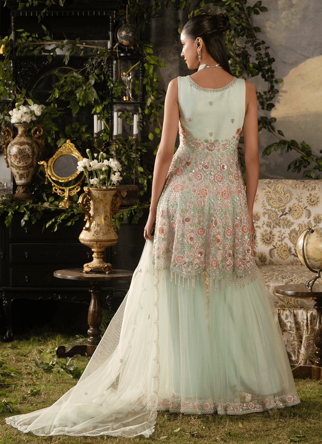 Soft Mint Embroidered Net Gharara - Lashkaraa