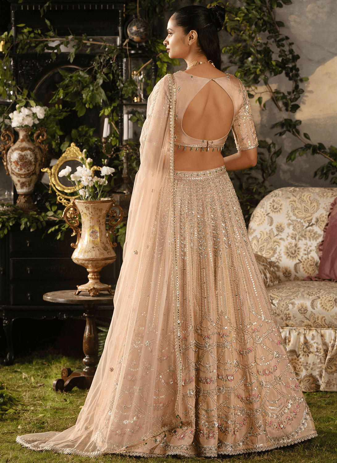 Soft Peach Embroidered Tissue Lehenga - Lashkaraa