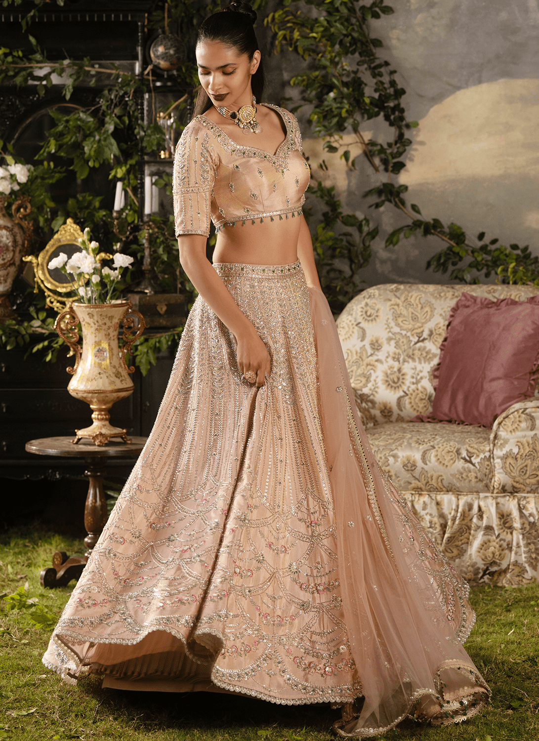 Soft Peach Embroidered Tissue Lehenga - Lashkaraa
