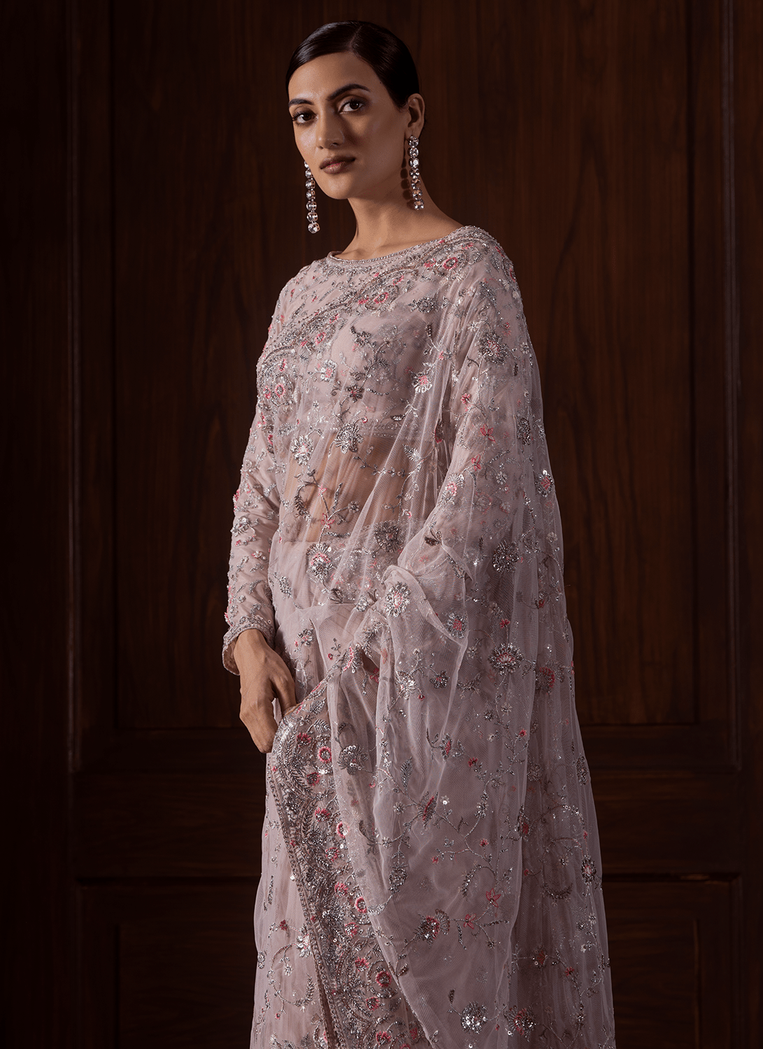 Soft Pink Embroidered Net Saree - Lashkaraa