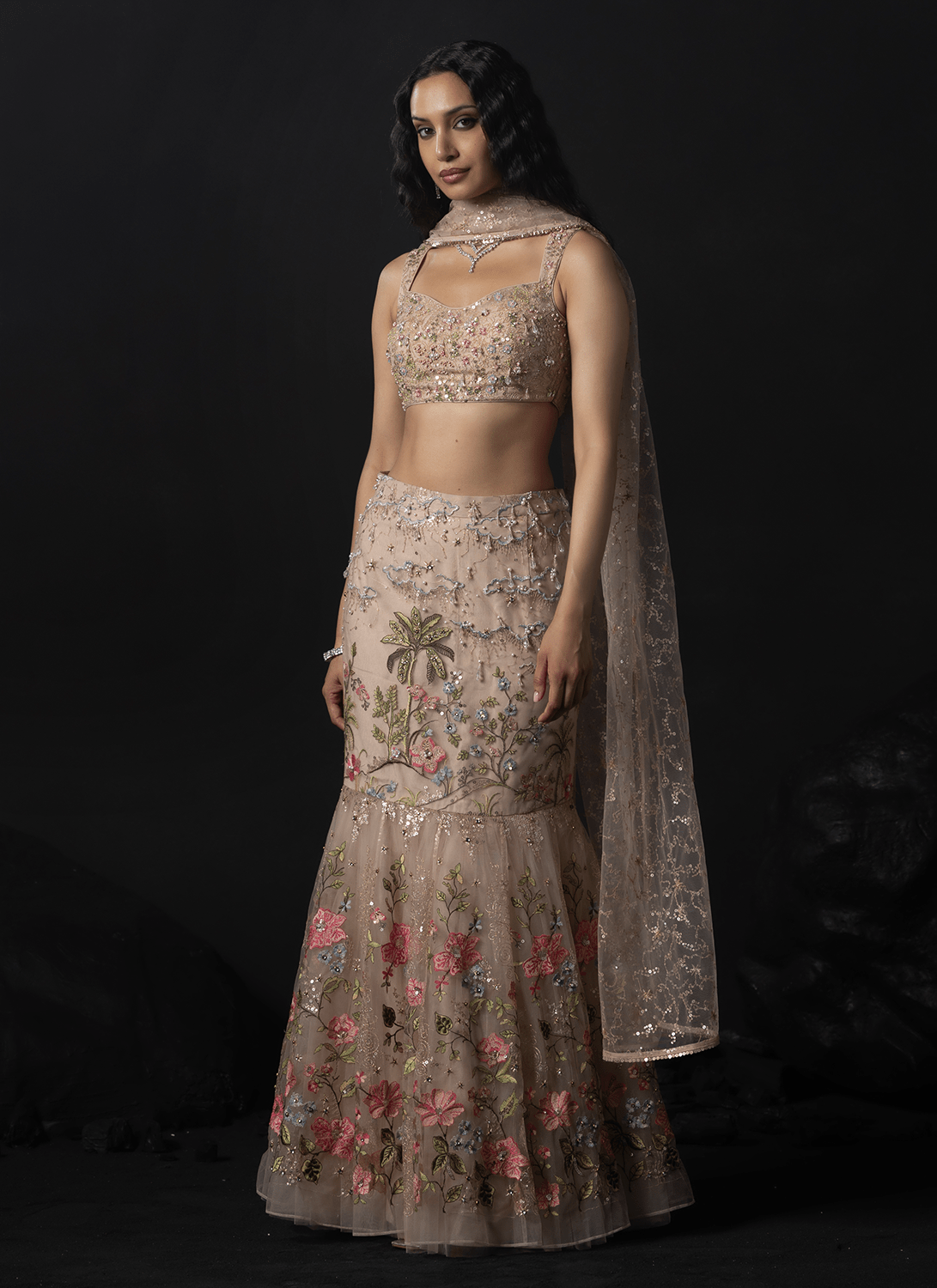 Soft Taupe Embroidered Net Mermaid Lehenga - Lashkaraa
