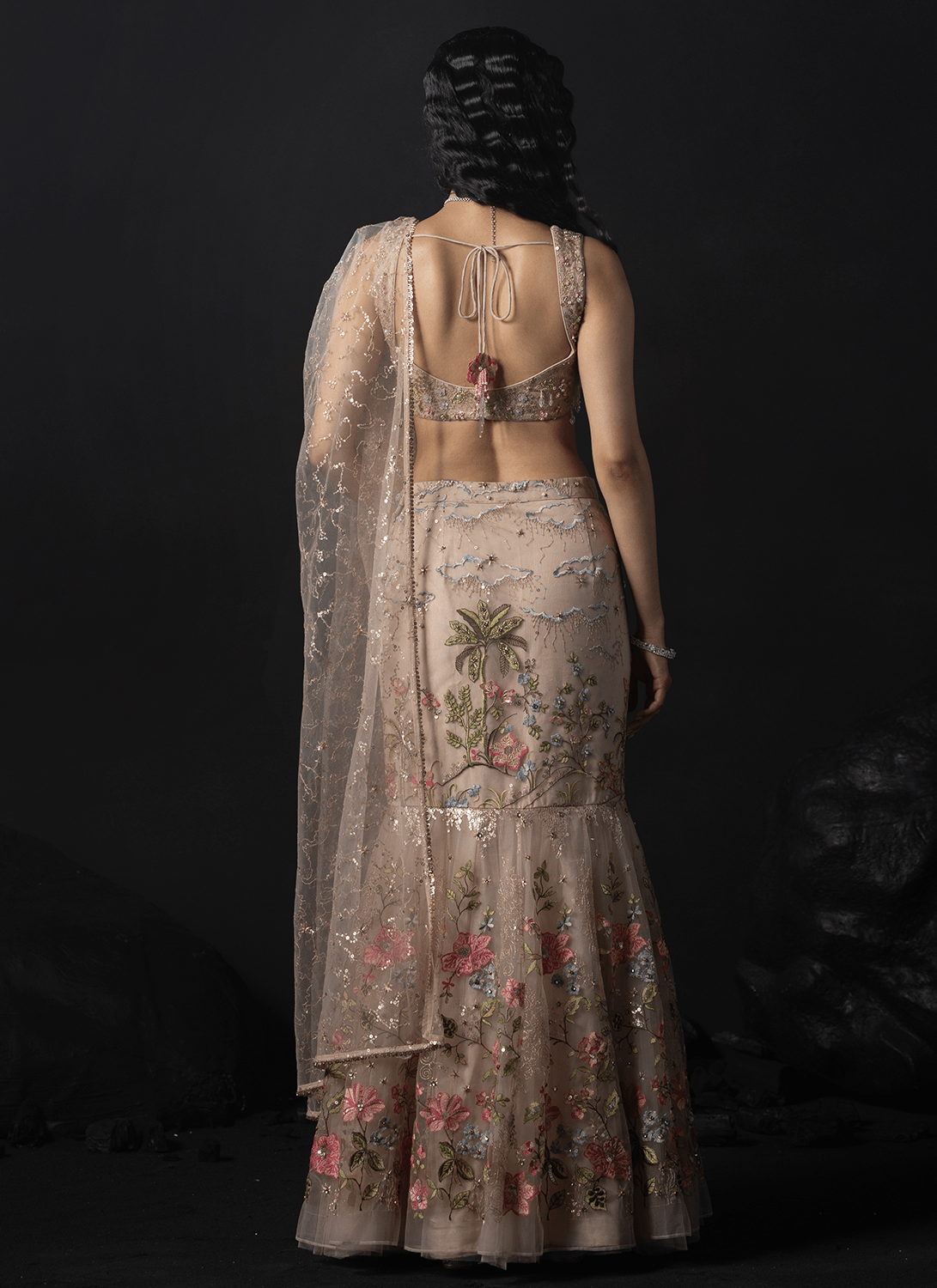 Soft Taupe Embroidered Net Mermaid Lehenga - Lashkaraa