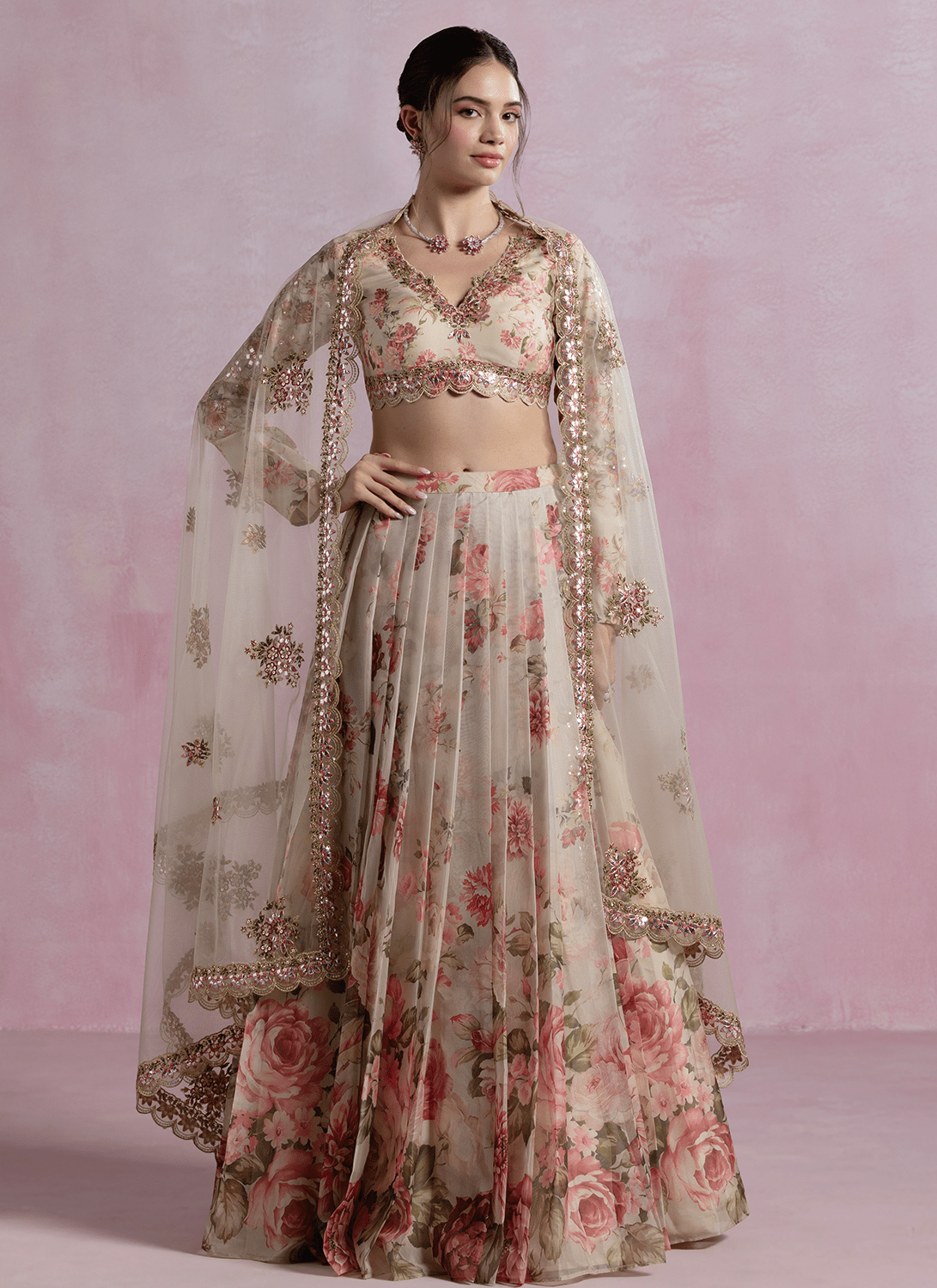 Soft Taupe Multicolor Floral Printed Organza Lehenga - Lashkaraa