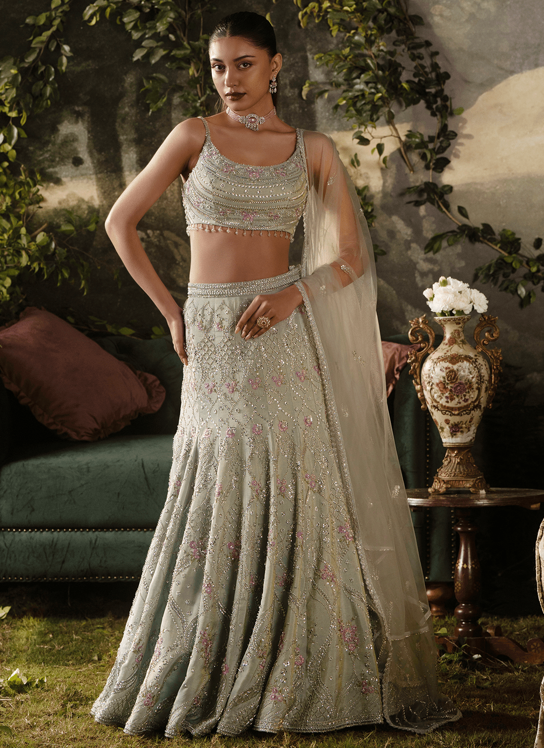 Steel Grey Fishcut Embroidered Tissue Lehenga - Lashkaraa