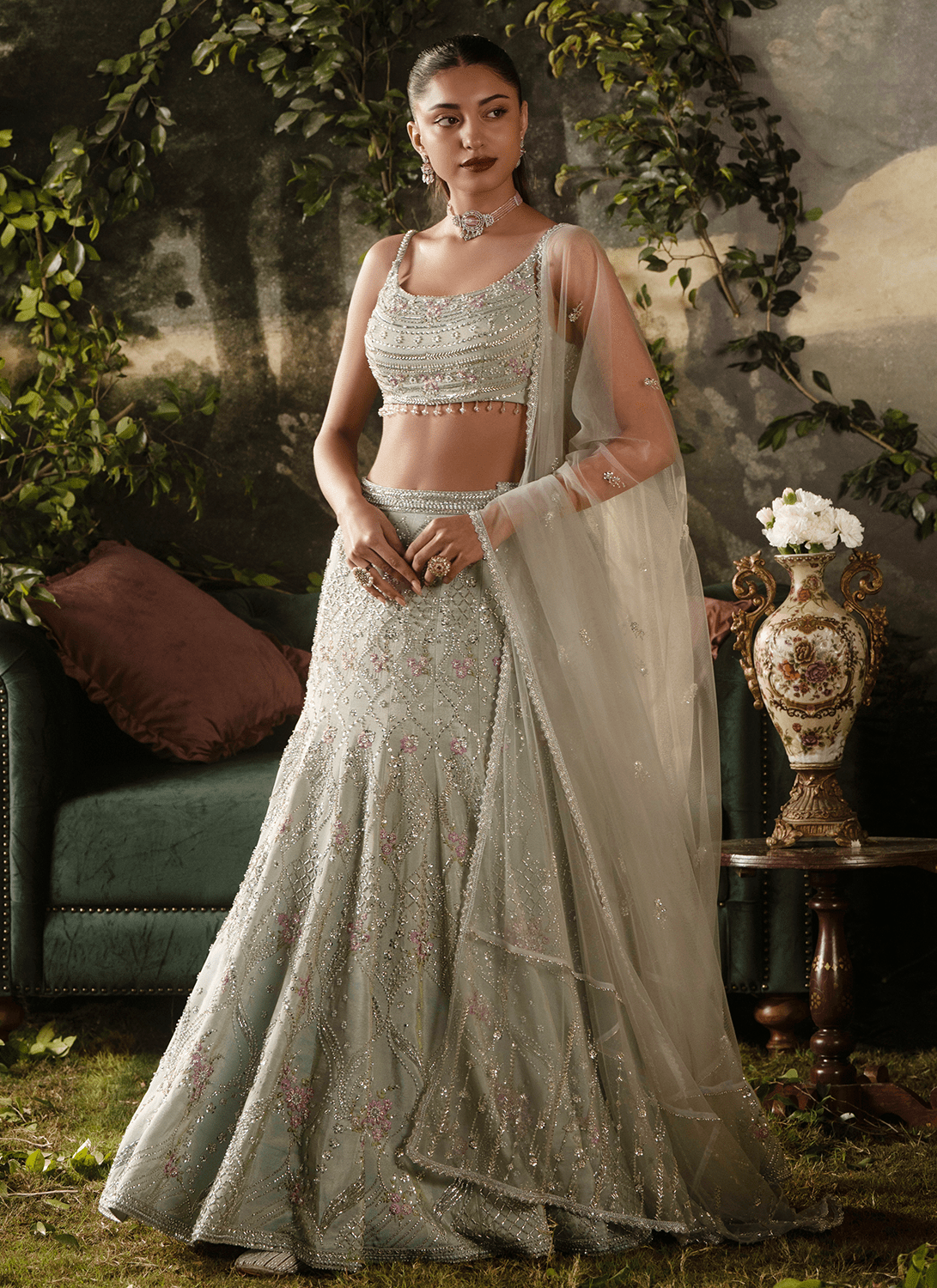 Steel Grey Fishcut Embroidered Tissue Lehenga - Lashkaraa