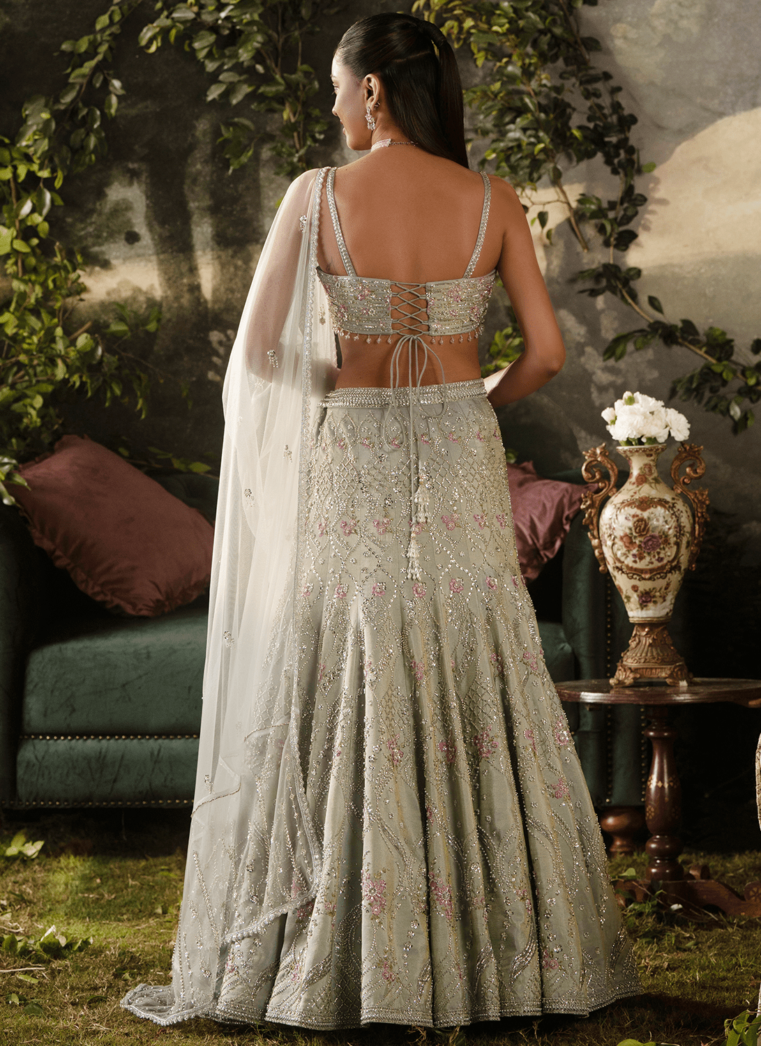 Steel Grey Fishcut Embroidered Tissue Lehenga - Lashkaraa