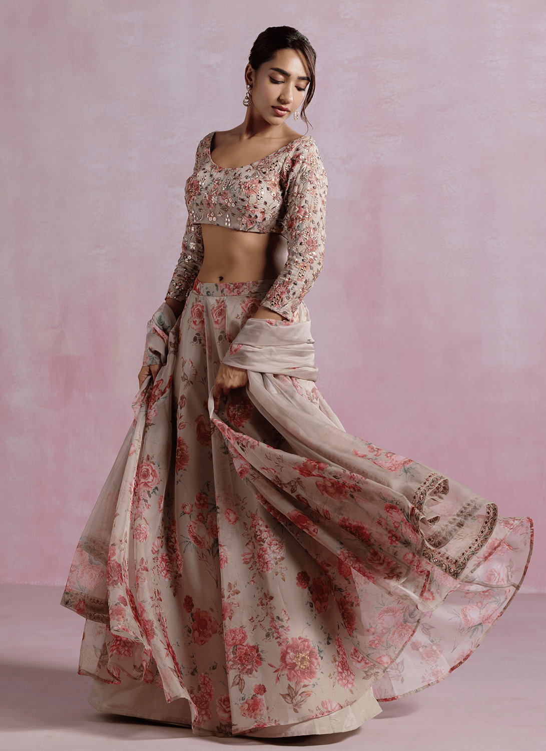 Taupe Floral Printed Organza Lehenga - Lashkaraa