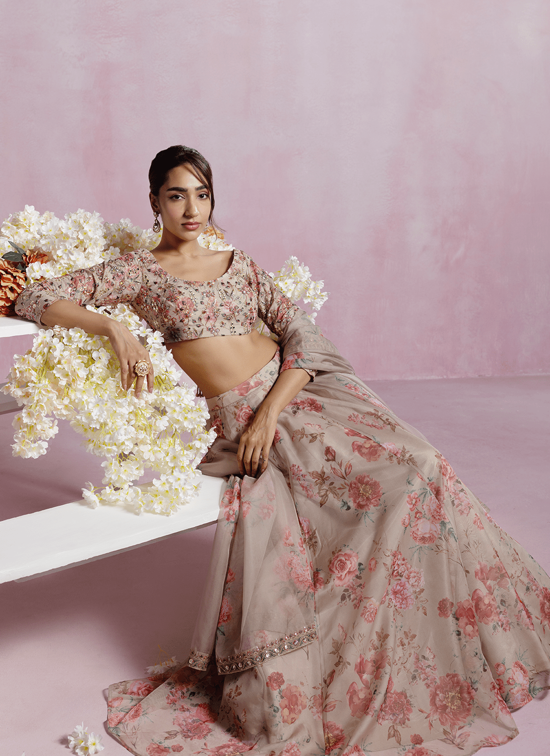Taupe Floral Printed Organza Lehenga - Lashkaraa