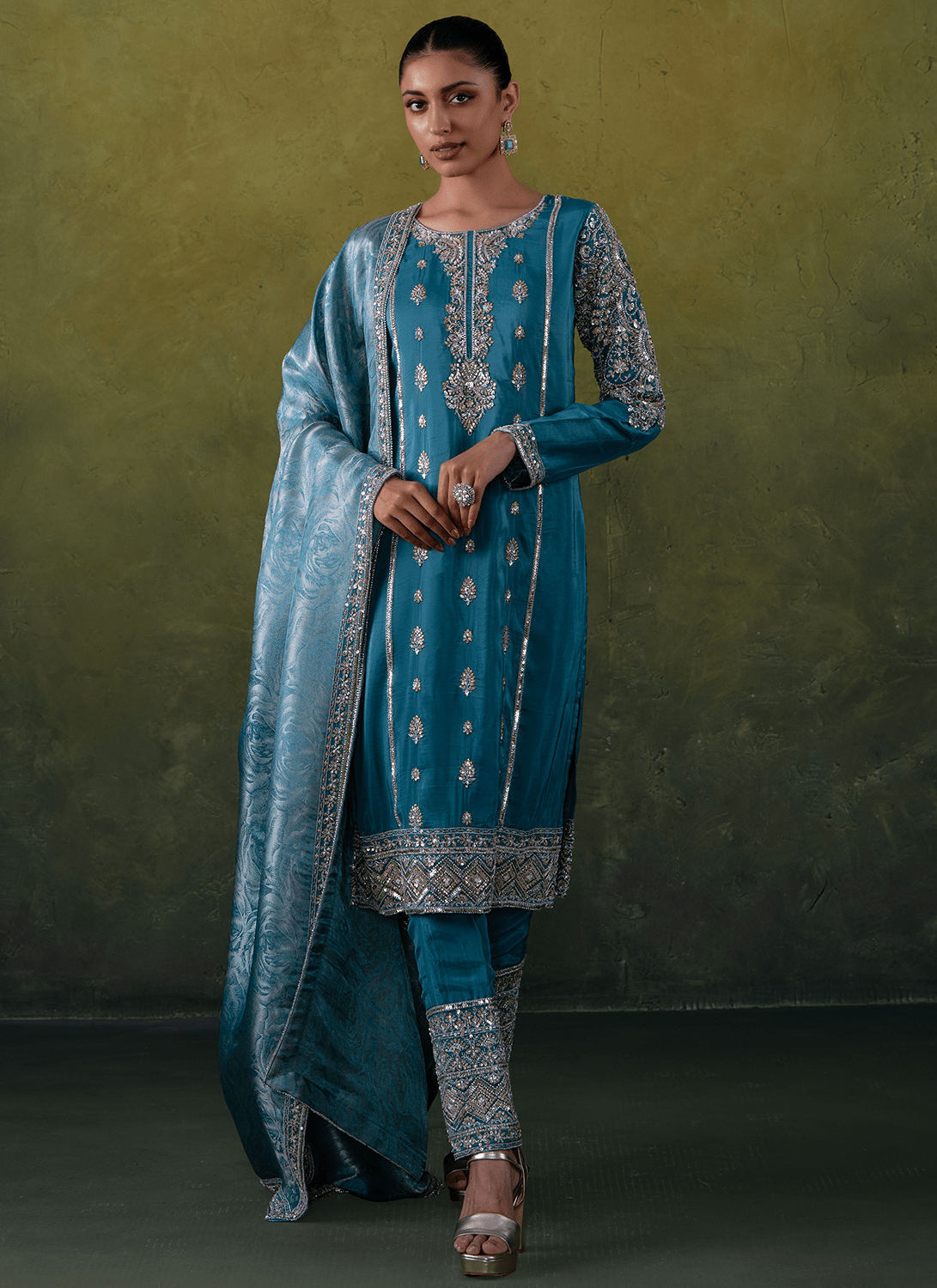 Teal Blue Embroidered Organza Straight Suit - Lashkaraa