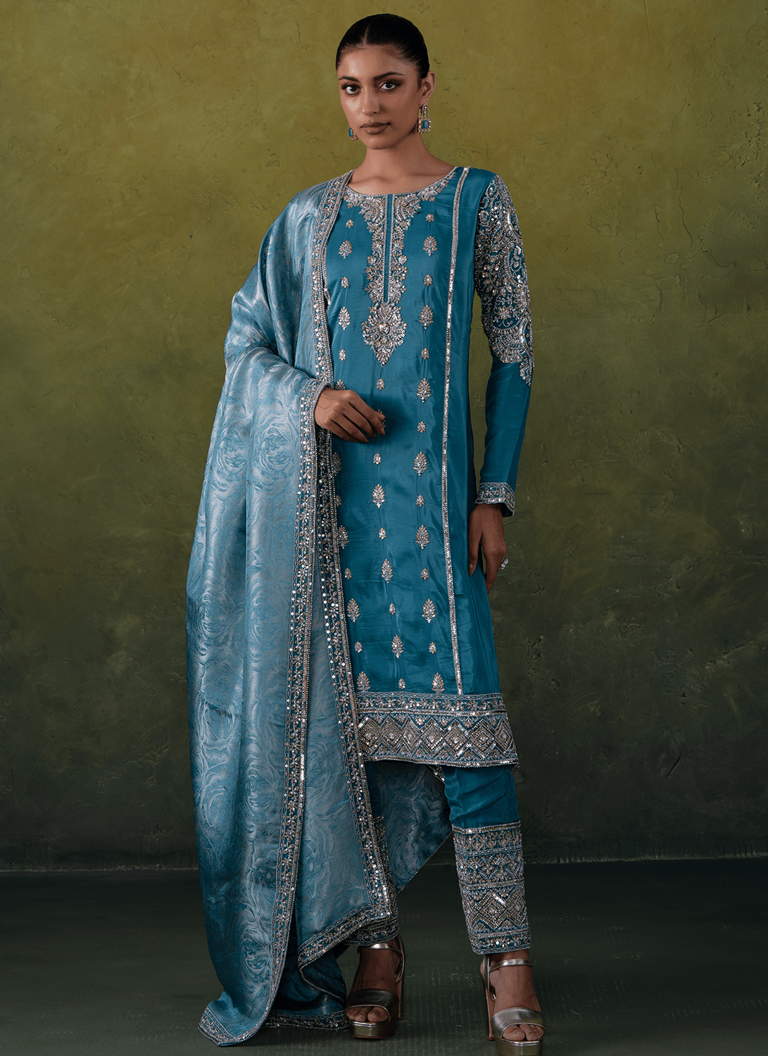 Teal Blue Embroidered Organza Straight Suit - Lashkaraa