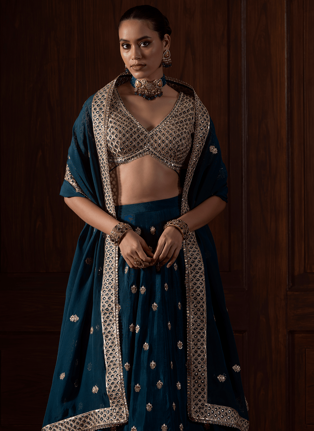 Teal Embroidered Silk Lehenga - Lashkaraa