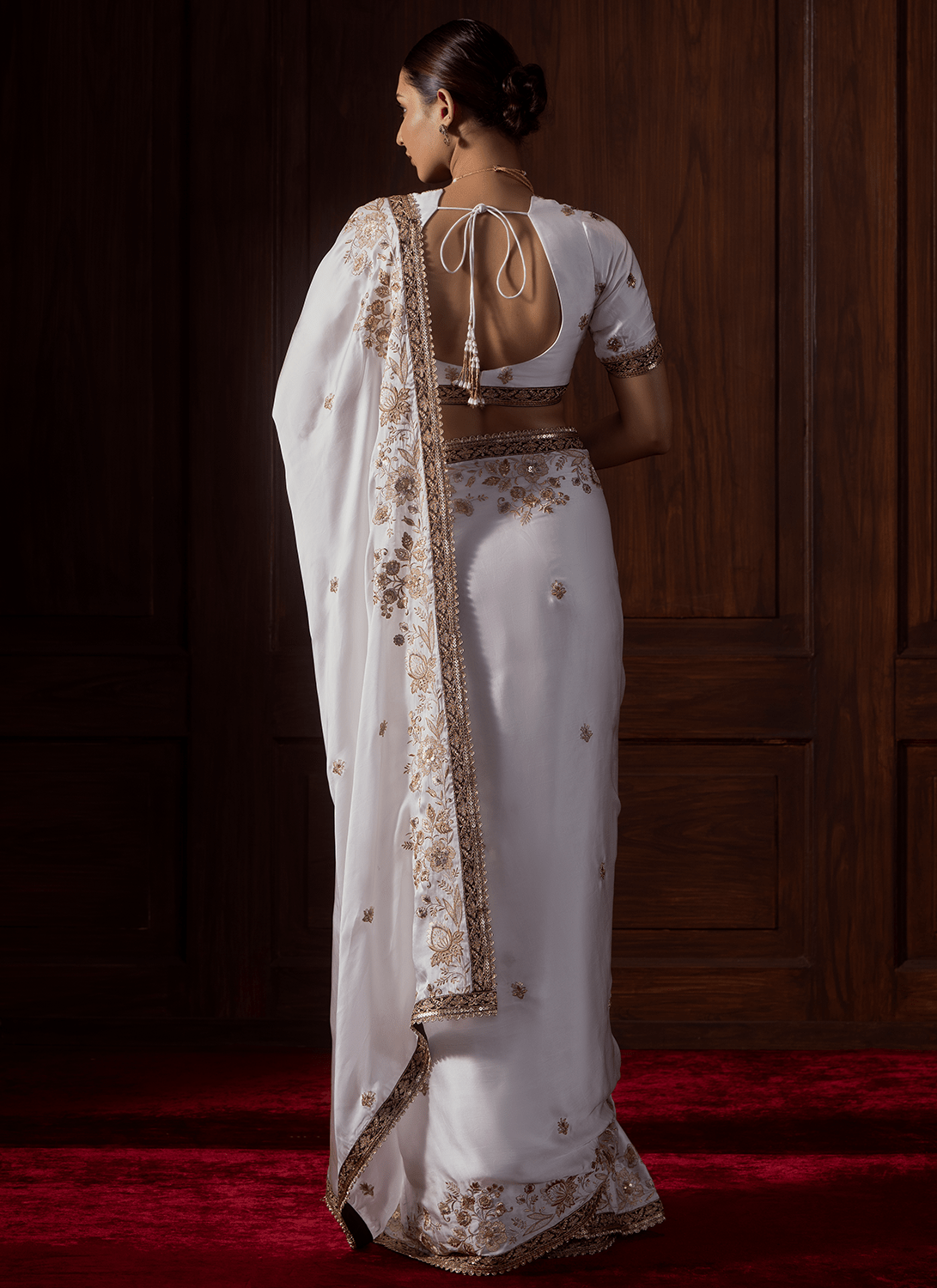 White Embroidered Satin Organza Saree - Lashkaraa
