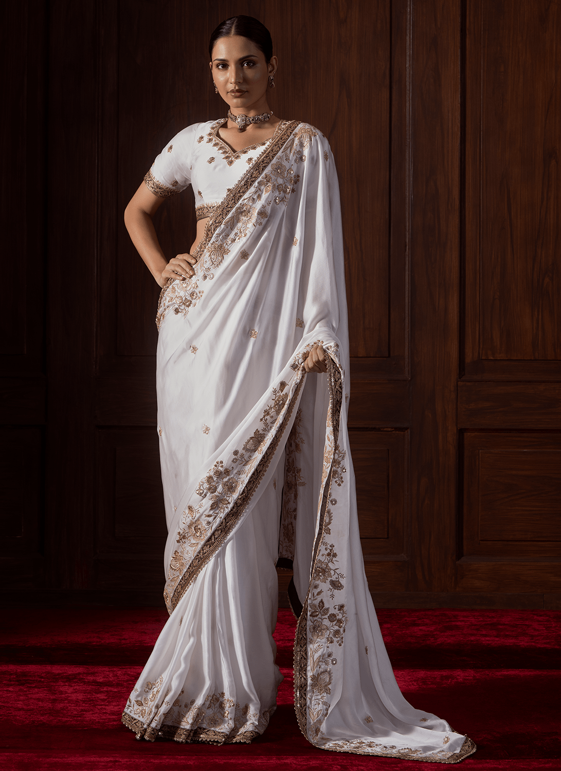 White Embroidered Satin Organza Saree - Lashkaraa