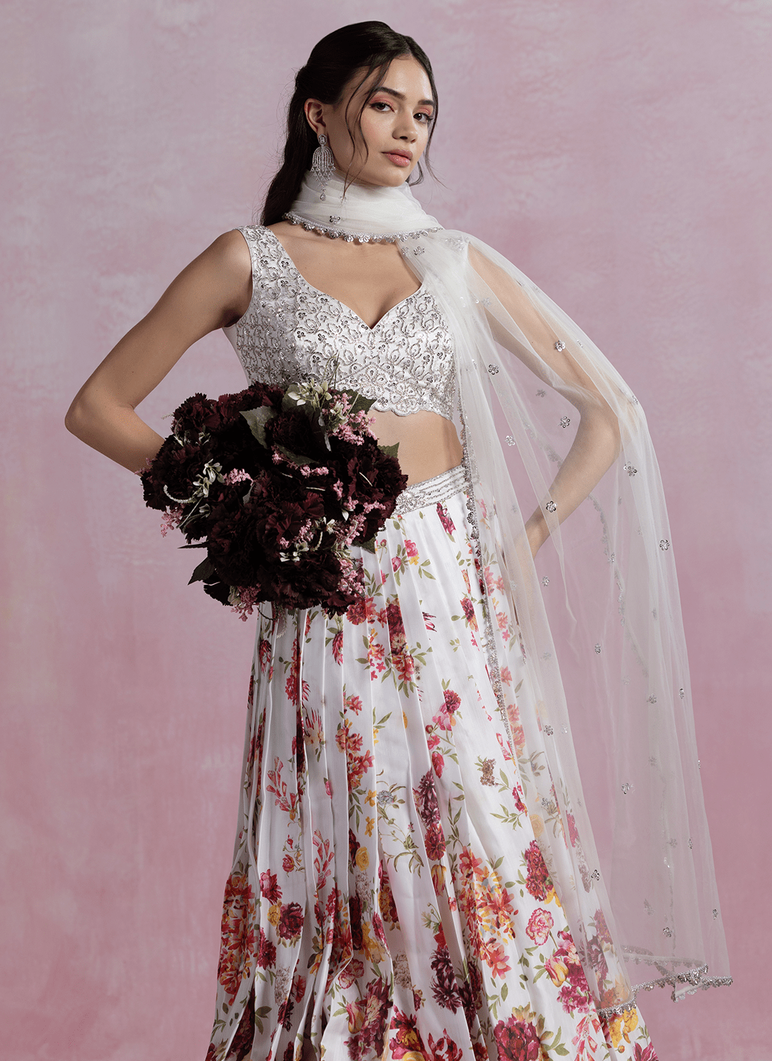 White Floral Printed Modal Satin Lehenga - Lashkaraa