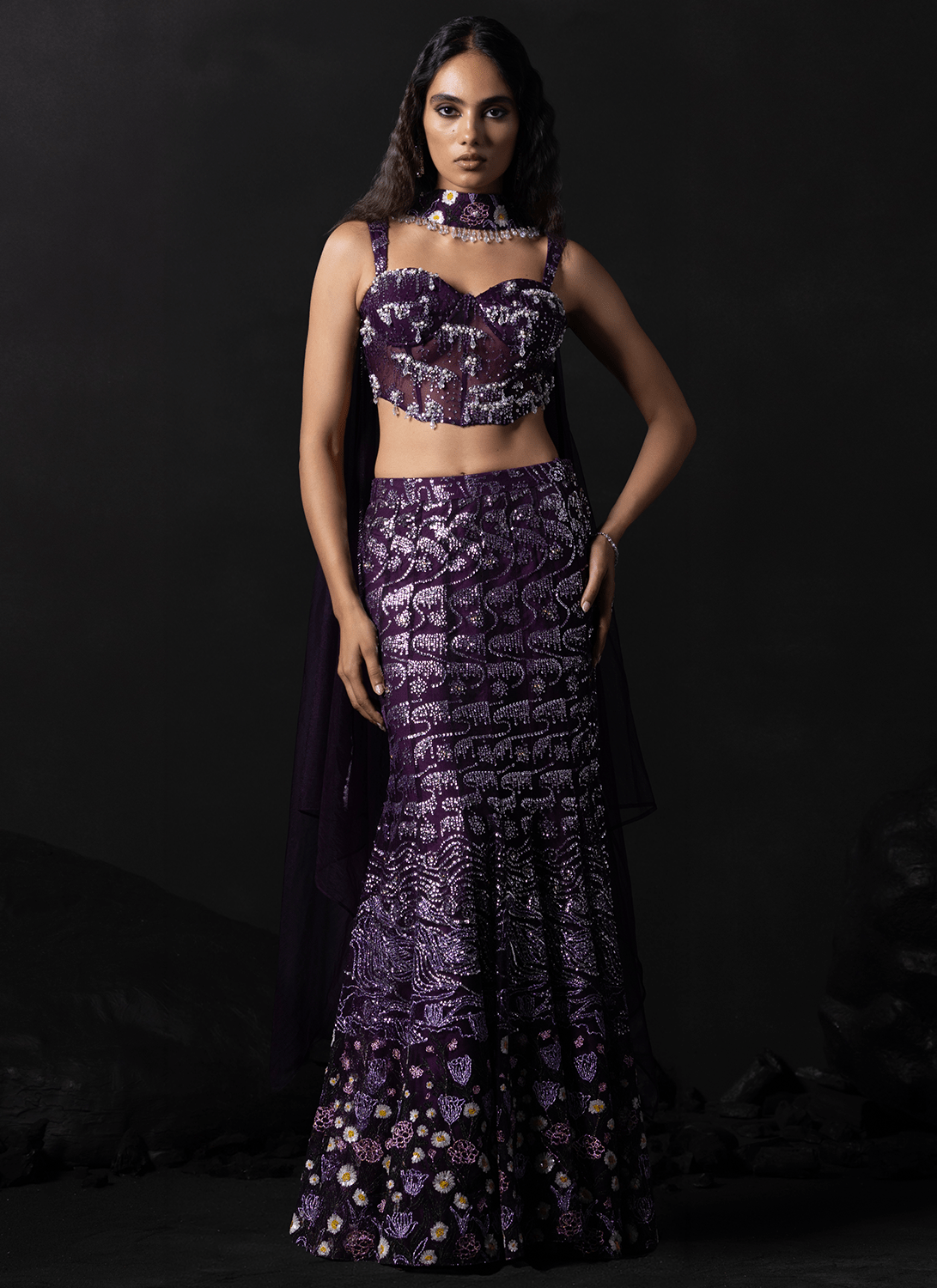 Wine Embroidered Net Lehenga - Lashkaraa