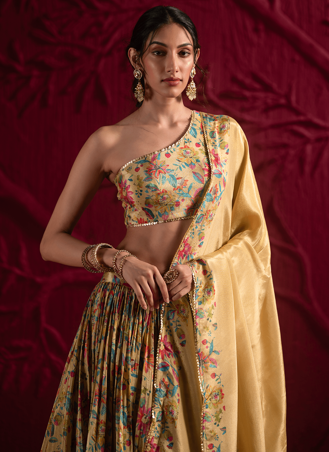 Yellow Floral Embroidered Georgette Lehenga - Lashkaraa