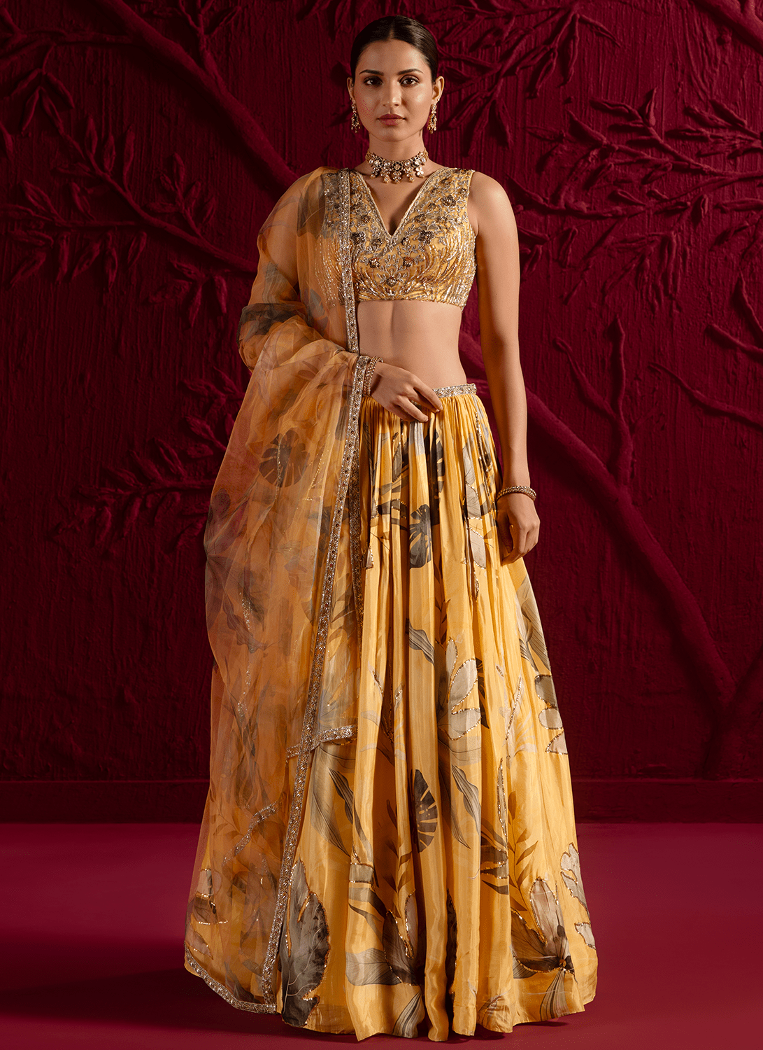 Yellow Floral Embroidered Viscose Satin Georgette Lehenga - Lashkaraa