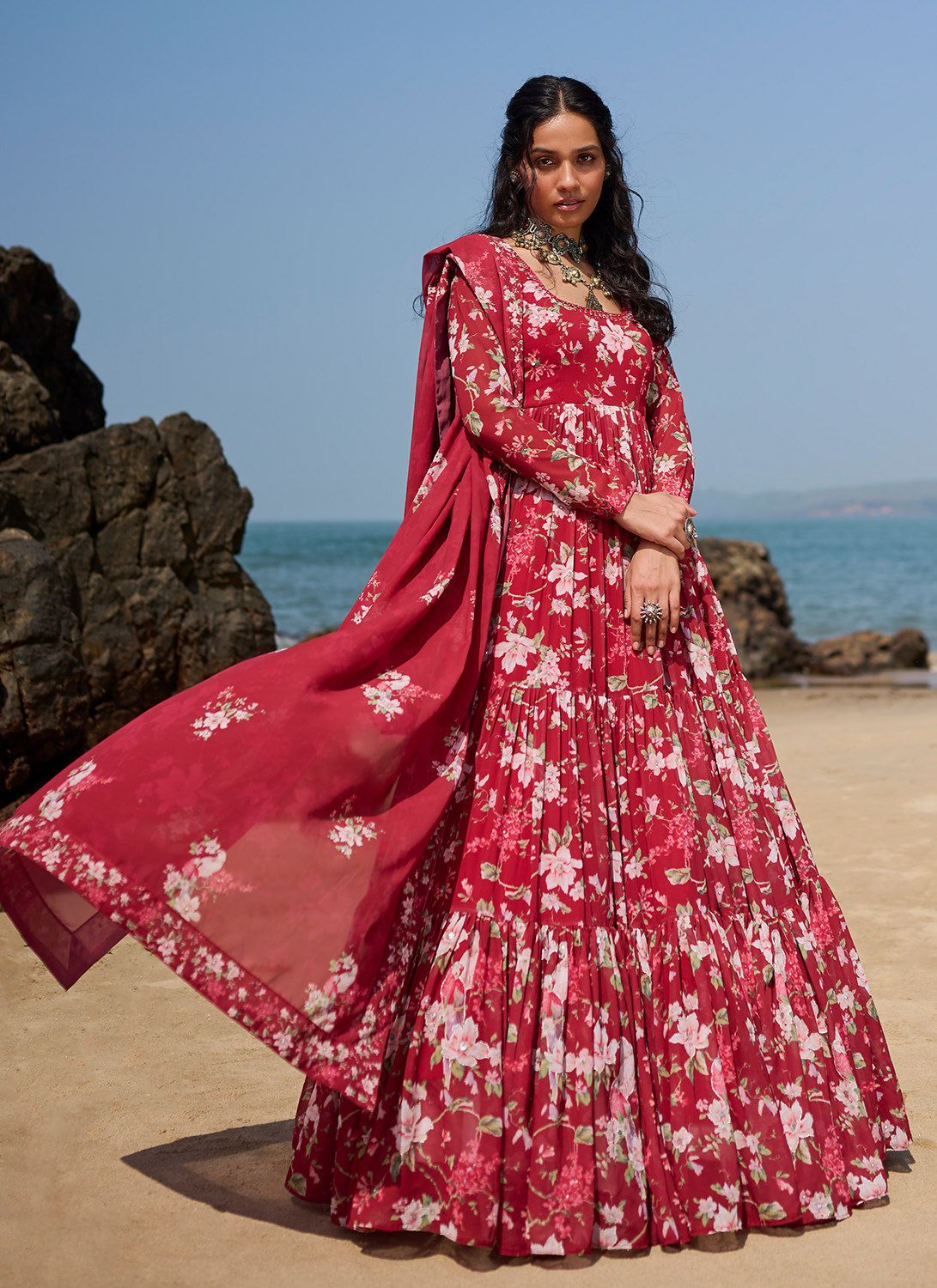 Deep Red Floral Printed Anarkali