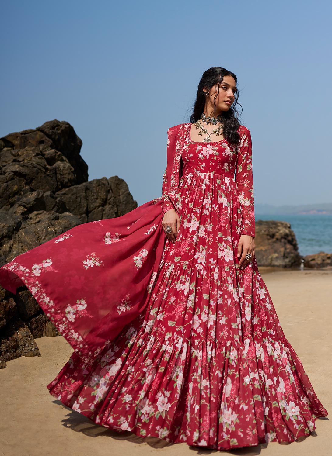 Deep Red Floral Printed Anarkali
