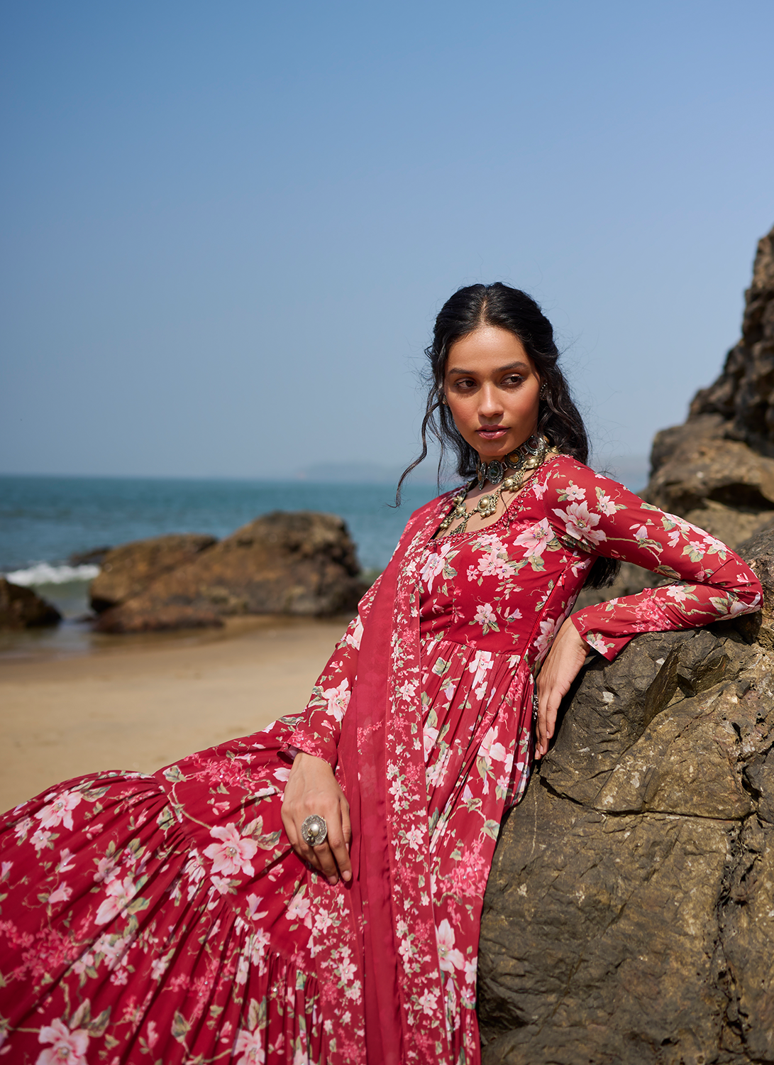 Deep Red Floral Printed Anarkali