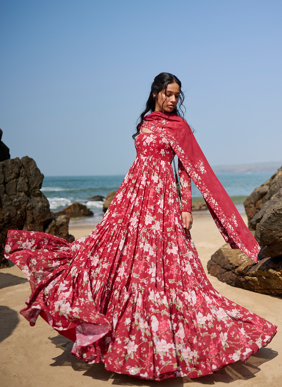 Deep Red Floral Printed Anarkali