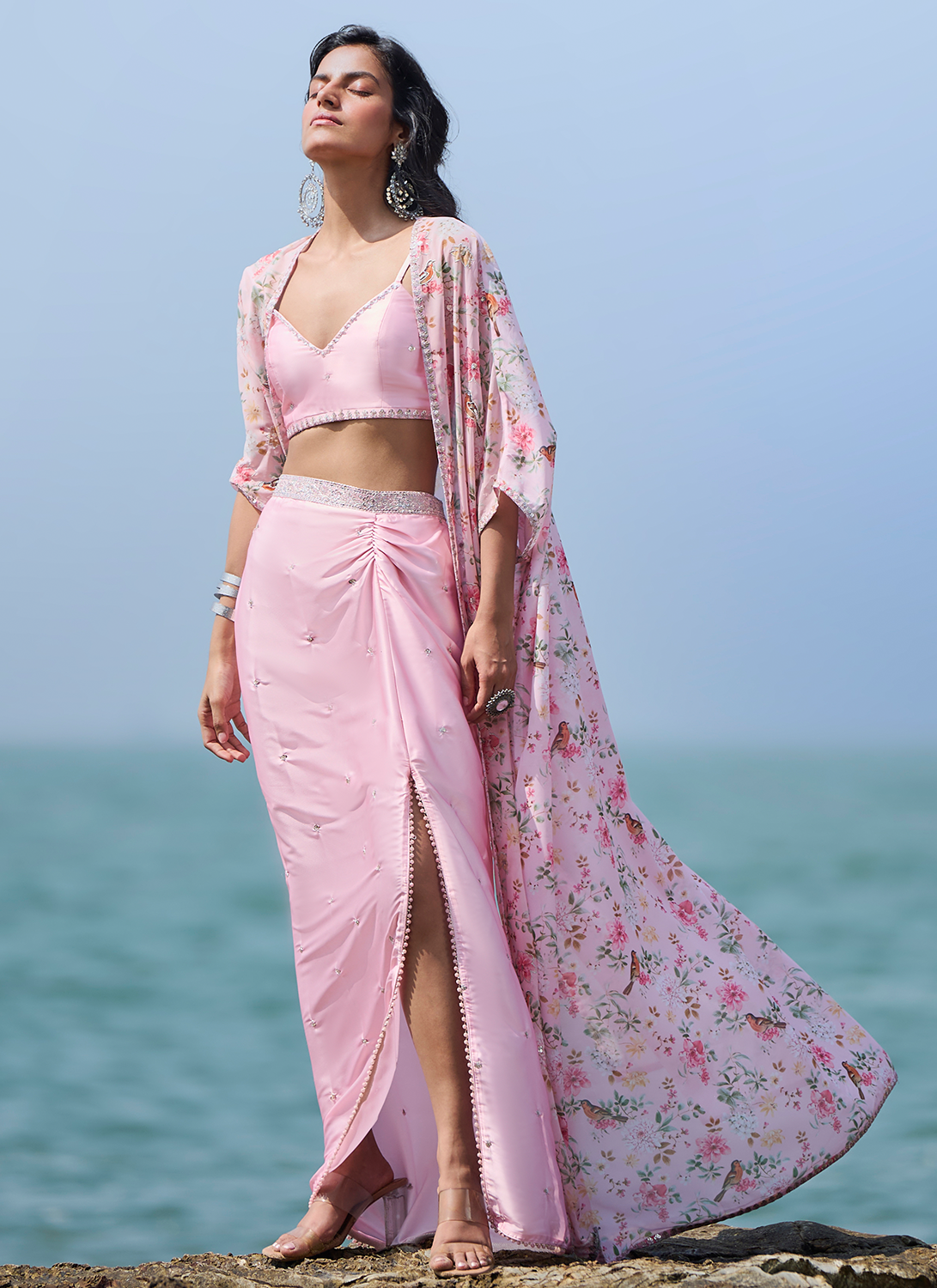 Light Pink Floral Printed Crop Skirt Set