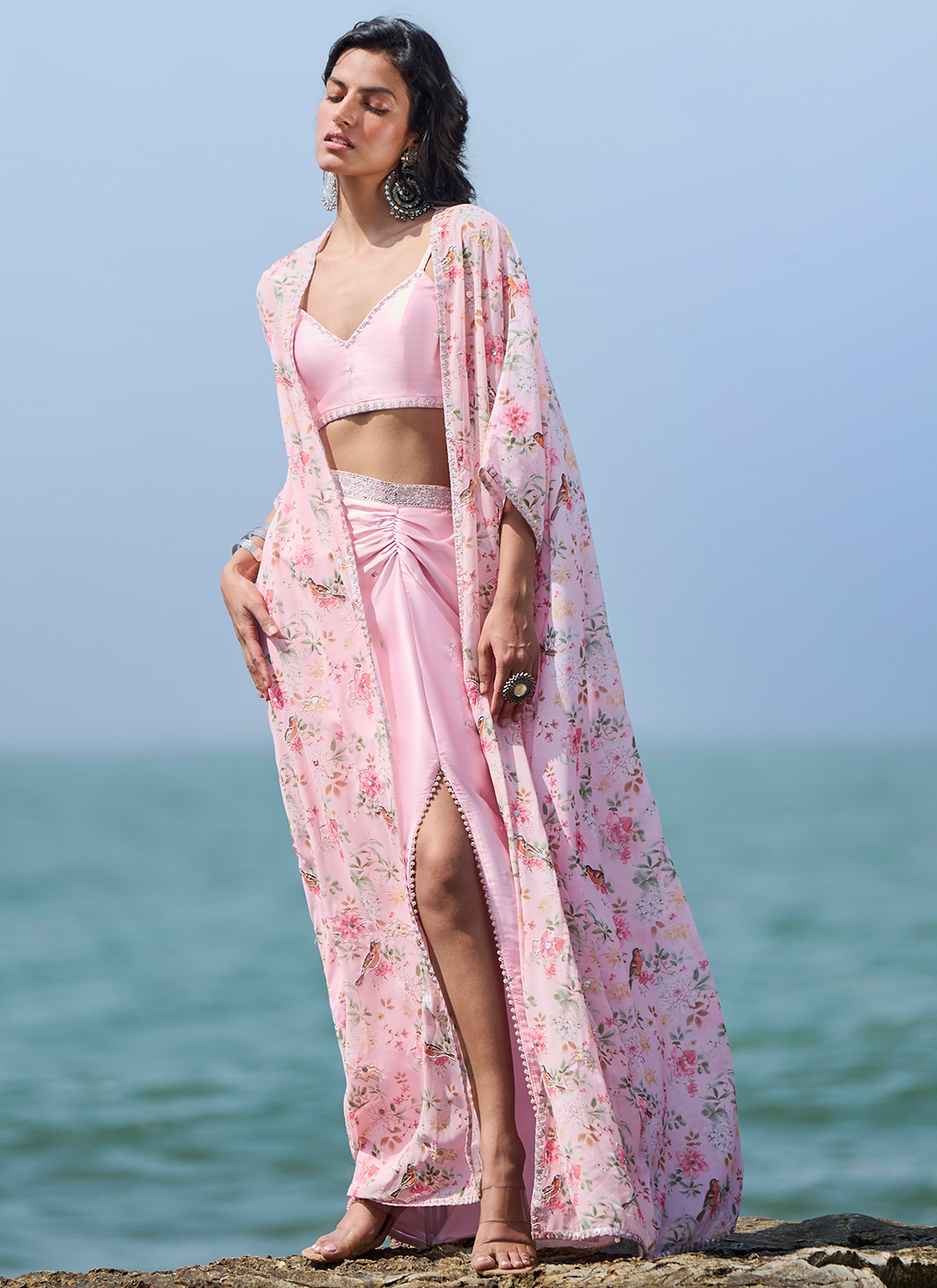 Light Pink Floral Printed Crop Skirt Set