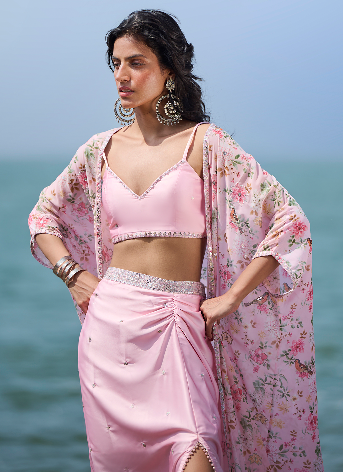 Light Pink Floral Printed Crop Skirt Set
