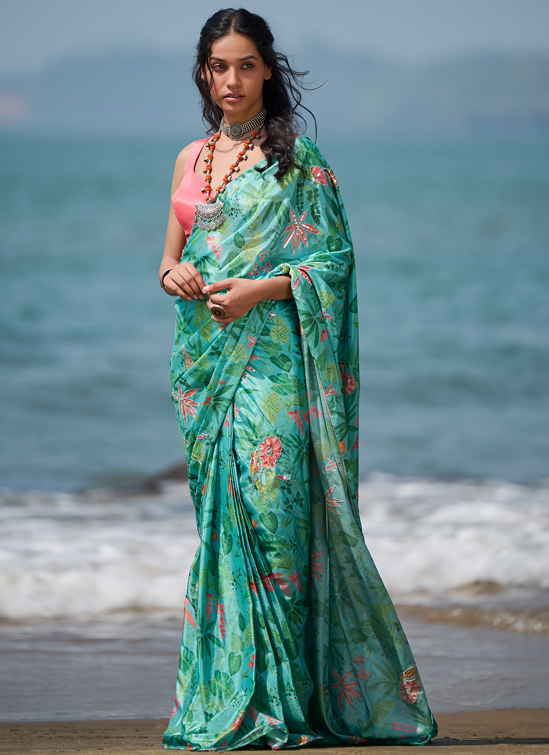 Sea Green and Pink Floral Printed Saree