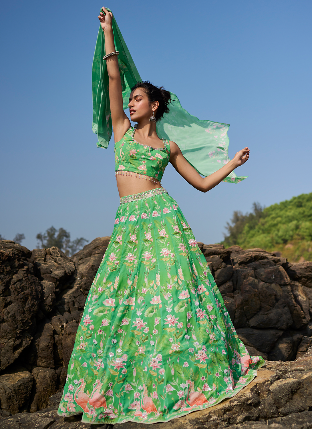 Green Floral Printed Lehenga