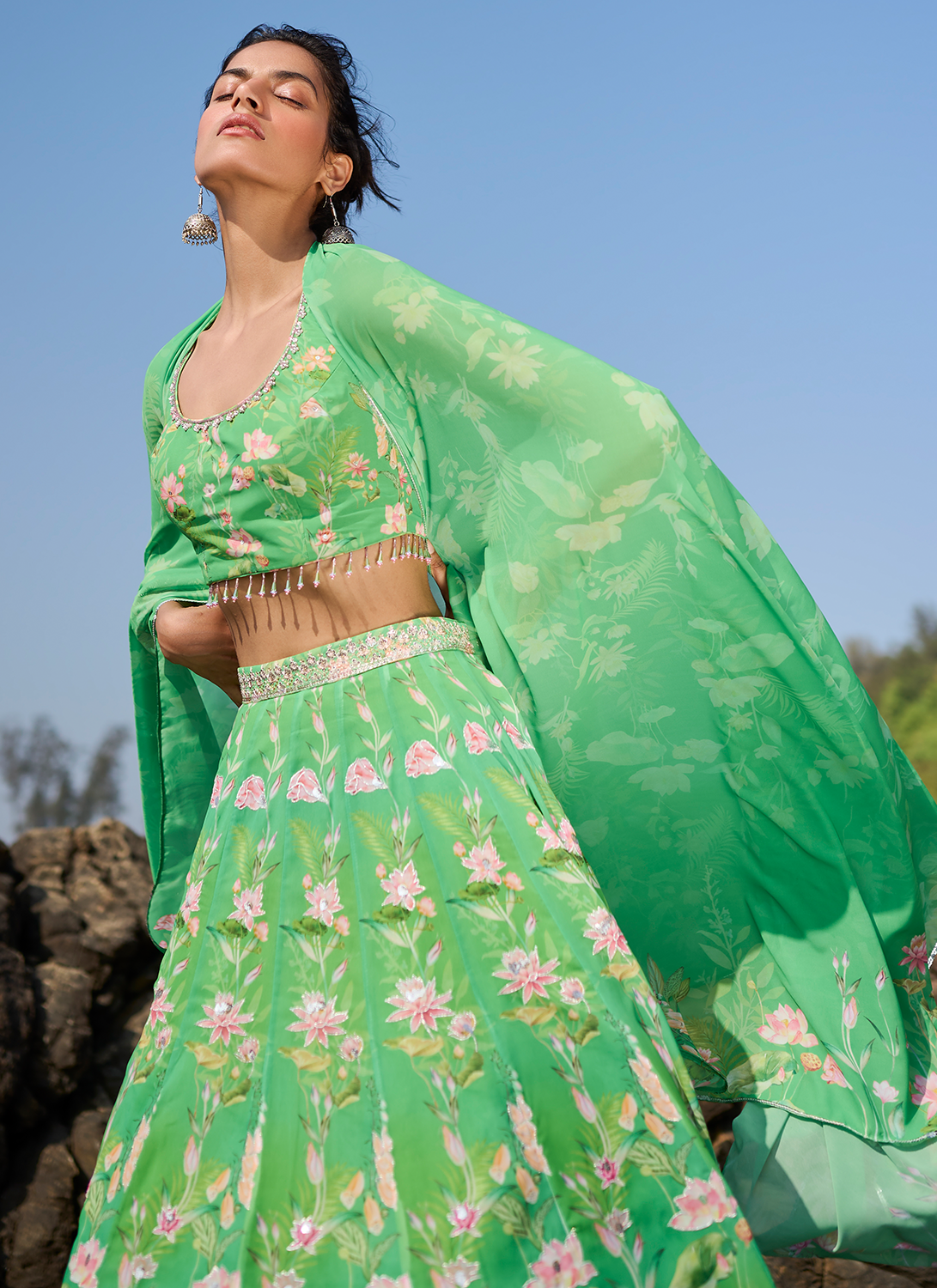 Green Floral Printed Lehenga