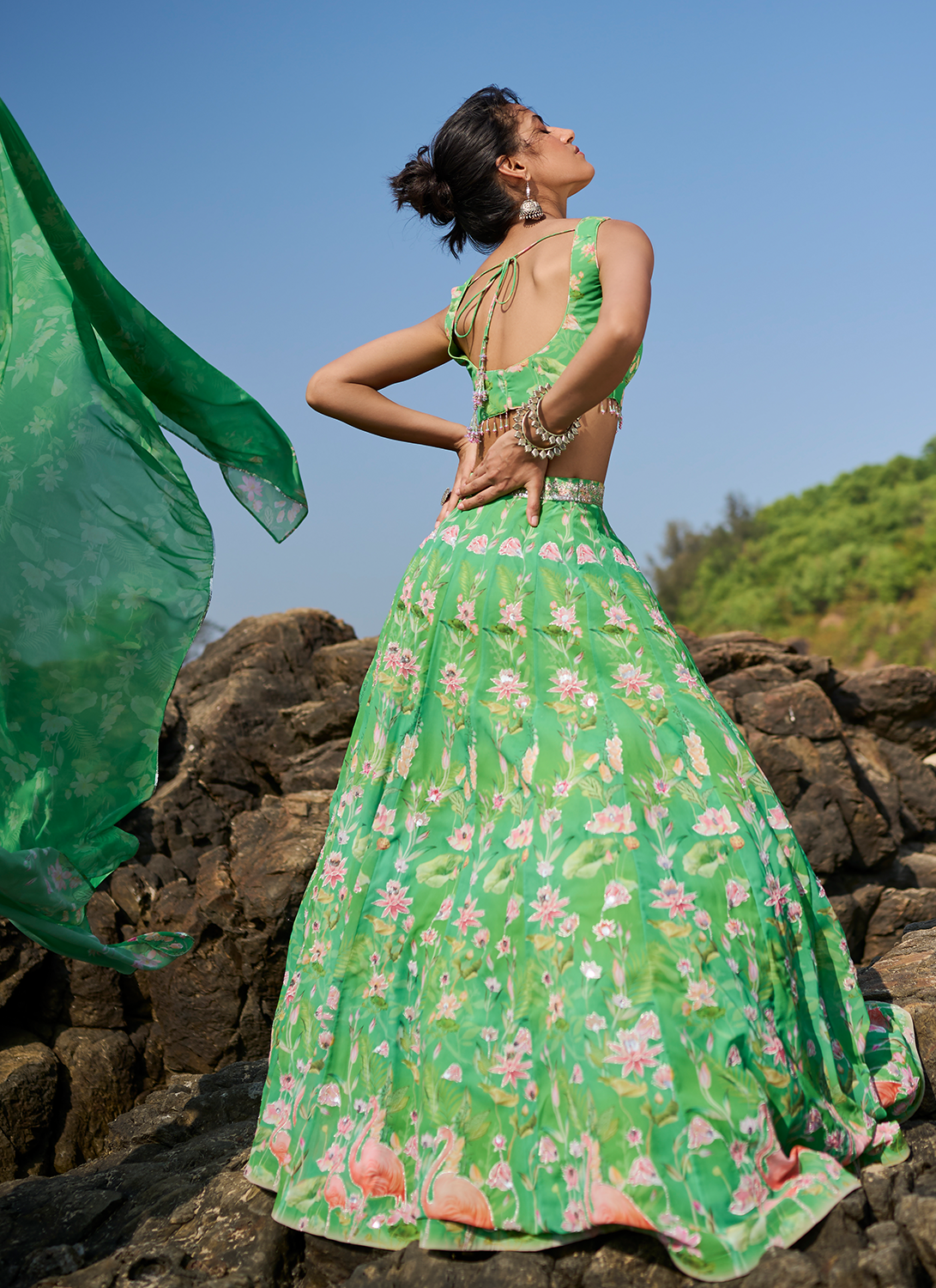 Green Floral Printed Lehenga